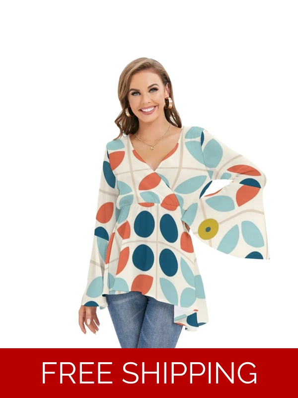 Motiff V-Neck Blouse with Flared Sleeves